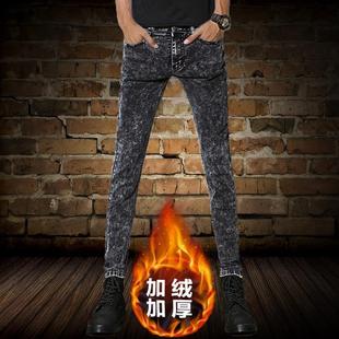 男冬季 小脚长裤 雪花牛仔裤 加绒加厚韩版 子百搭休闲潮流 纯黑修身 裤