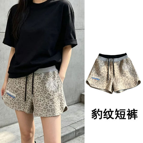 豹纹短裤女夏季薄款2026新款高腰休闲外穿美式运动中裤直筒三分裤