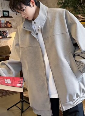 春秋新款男士夹克休闲立领百搭宽松oersize外套机车皮衣男装潮流