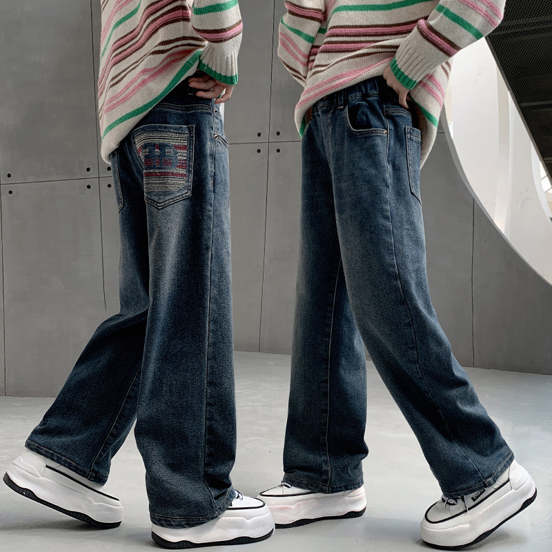 女童加绒牛仔长裤秋冬季2025新款儿童宽松裤子秋装中大童阔腿裤潮