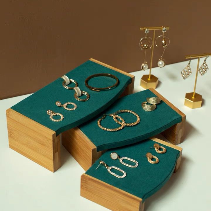 竹木轻奢三件套首饰展示架戒指耳饰饰品展示台项链珠宝柜台摆件