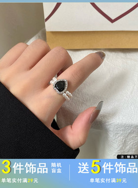 气质韩风珍珠戒指ins风网红双层指环唯美爱心形镶钻食指戒2449