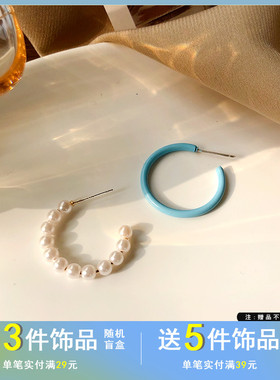S925银针复古蓝色不对称C字耳环网红仙范珍珠耳环设计感耳饰1823