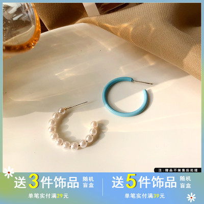 s925银针复古蓝色对称耳环珍珠