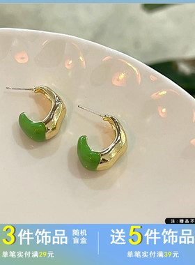 觅韩S925银针撞色小清新C字耳钉森系设计感耳饰ins风简约耳环5189