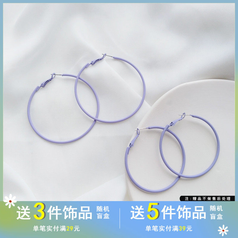 S925银针气质韩国东大门耳饰简约细款紫色耳圈大款夸张耳环女1448