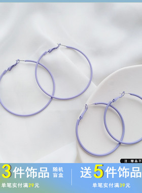 S925银针气质韩国东大门耳饰简约细款紫色耳圈大款夸张耳环女1448
