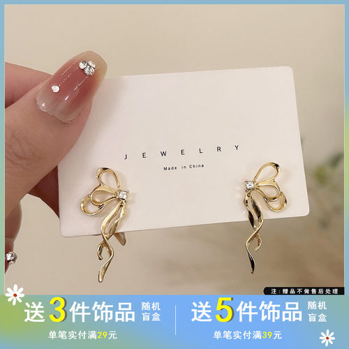 气质法式蝴蝶结耳钉简约镂空