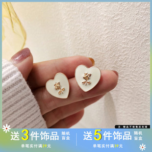 S925银针优雅法式 复古爱心耳钉气质白色滴油耳环甜美小众耳夹2029