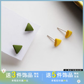 S925银针个性 小巧迷你耳钉糖果色烤漆耳环简约几何三角形耳饰1490