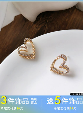 S925银针优雅双层爱心形耳钉气质镶钻镂空耳环ins风小众耳饰2457