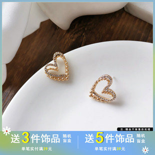 S925银针优雅双层爱心形耳钉气质镶钻镂空耳环ins风小众耳饰2457