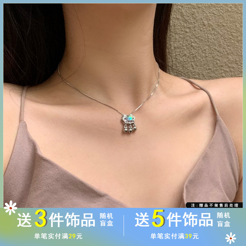 气质复古小锁铃铛流苏项链炫彩玻璃圆珠颈链可爱少女心锁骨链2246