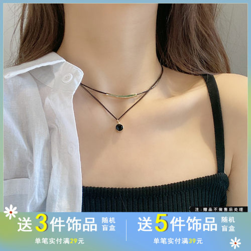 几何圆形双层新潮网黑色吊坠项链