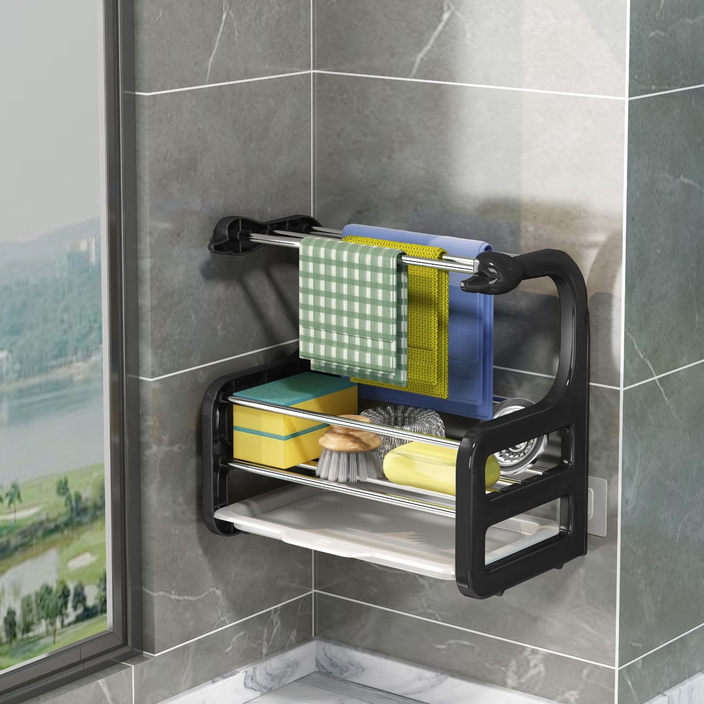 新版小天鹅抹布架厨房置物架免打孔台面壁挂海绵沥水白洁布收纳架