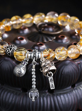 妍韵珠宝金发晶S925银福袋招财猫配白水晶手串水晶玛瑙女士款 8mm