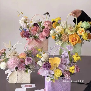 马卡龙手提花盒插花袋格纹小花篮鲜花包装牛皮纸盒手工diy材料