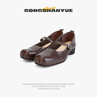 Rongshanyue法式猪鼻子方头一字扣玛丽珍单鞋女粗跟小皮鞋B1403