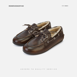 B1523 做旧一脚蹬乐福鞋 Rongshanyue复古加绒牛皮单鞋 2025冬新款