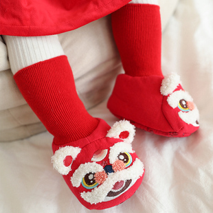 宝宝虎头鞋红色冬新生儿加绒袜子中筒加厚保暖儿童醒狮小老虎鞋袜