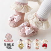 婴儿袜子春秋宝宝中筒地板花边鞋 袜公主蝴蝶结学步袜软底防滑袜子