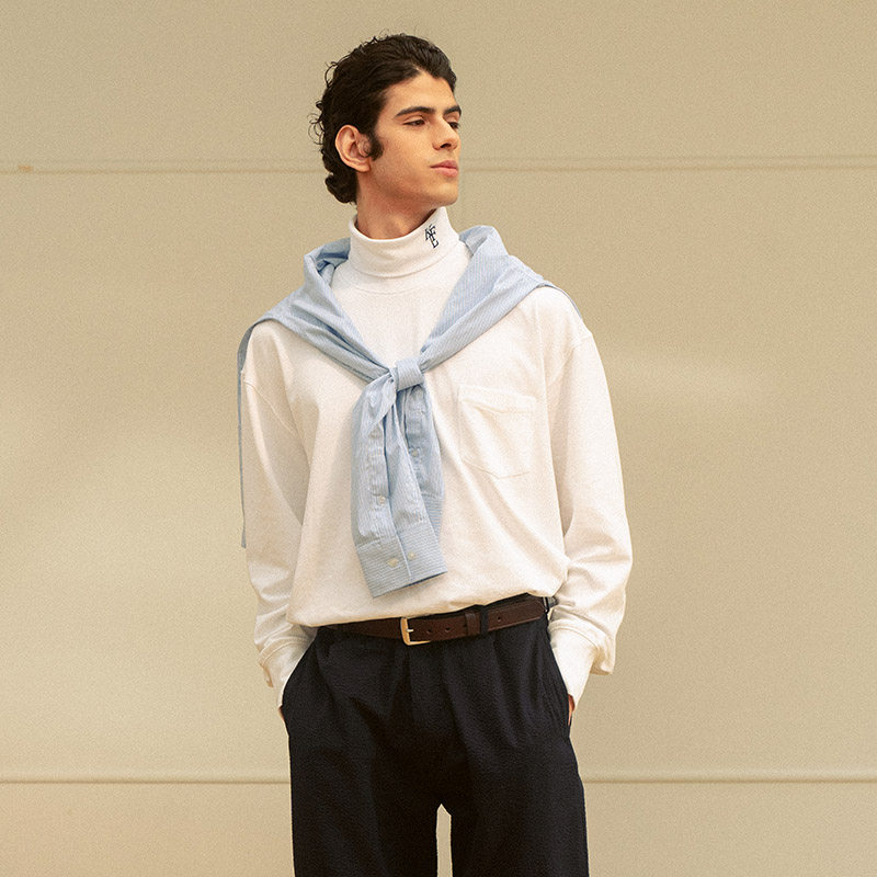 KUFFYLINK高领长袖口袋纯棉T恤