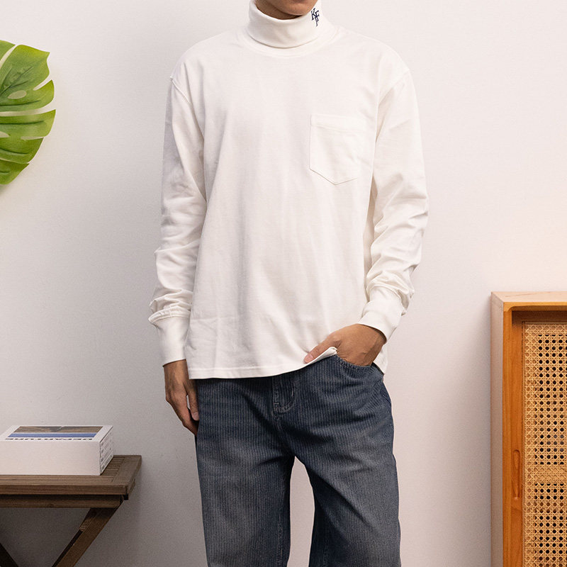 KUFFYLINK 2024高领长袖口袋T恤学院休闲纯色套头百搭ivy流行青春