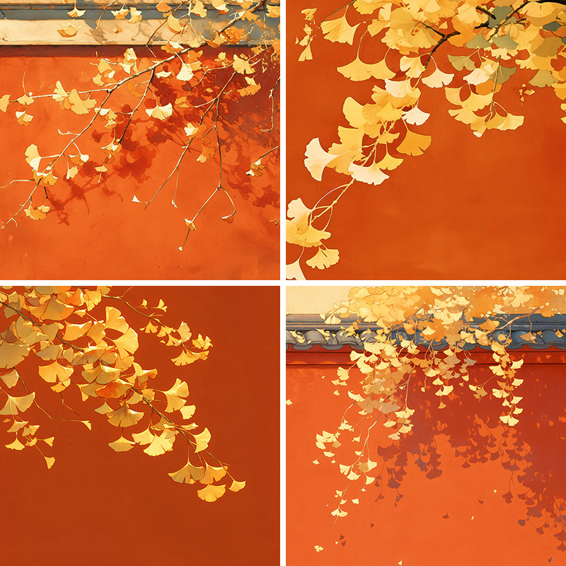 宫廷红墙银杏树叶直播背景布3d立体背景墙可定制加厚创意背景布无纺布场景布置装饰2024年新款壁纸壁画