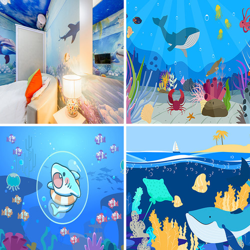 卡通海洋儿童摄影直播背景布3d立体壁纸画蓝色海底世界直播间场景布置高级感网红拍照区男女快手拍视频段子