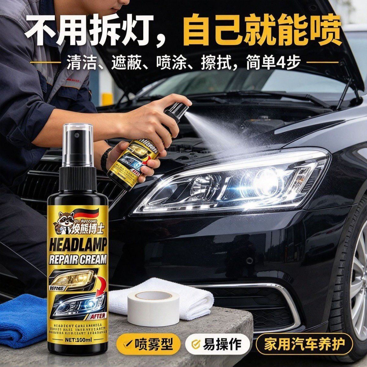 【焕熊博士】塑料除黄翻新剂汽车大灯灯具家电除黄修复快速清洁养