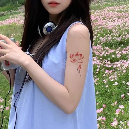 高级感大图唯美国风荷花朵彩色纹身贴女防水持久锁骨手臂大腿贴纸