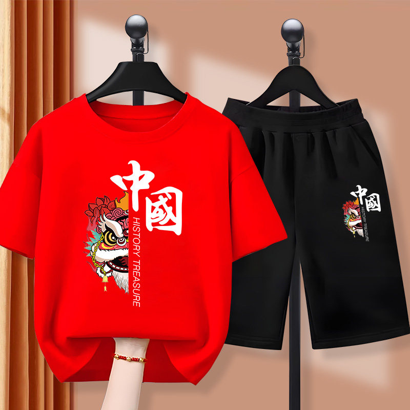 男童夏装套装2026新款男孩大童纯棉醒狮短袖夏季薄款运动儿童短裤