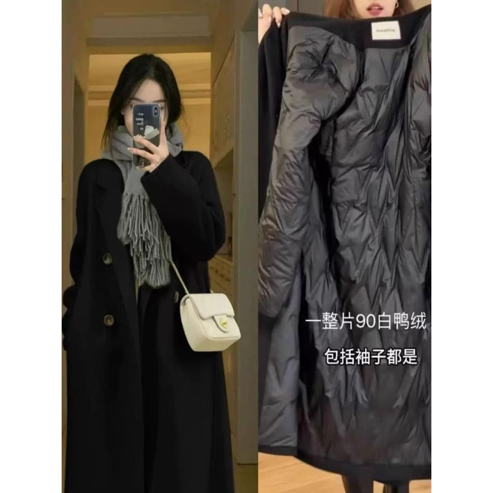 羽绒服内胆毛呢外套女中长款2025冬季新款小个子加厚黑色呢子大衣