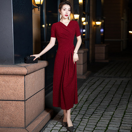 红色晚礼服女高端宴会气质名媛平时可穿婚礼妈妈装连衣裙端庄大气