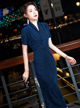 喜婆婆婚宴装妈妈参加婚礼蓝色晚礼服裙女母亲生日礼物气质遮肚