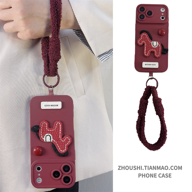 酒红色刺绣编织小马毛绒挂绳适用三星s23/s24/s25/s22手机壳Ultra高级感S25Edge女plus硅胶s25+手绳U个新款