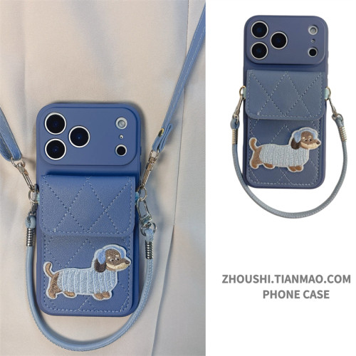 可爱耳机刺绣狗狗卡包适用opporeno14手机壳reno13/12/11pro手绳reno10女findx9/8高级感A6斜跨A5/A3保护软套