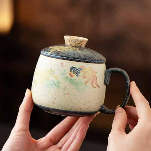 青花火石红茶杯茶水分离杯带盖子水杯家用办公室泡茶专用陶瓷杯子