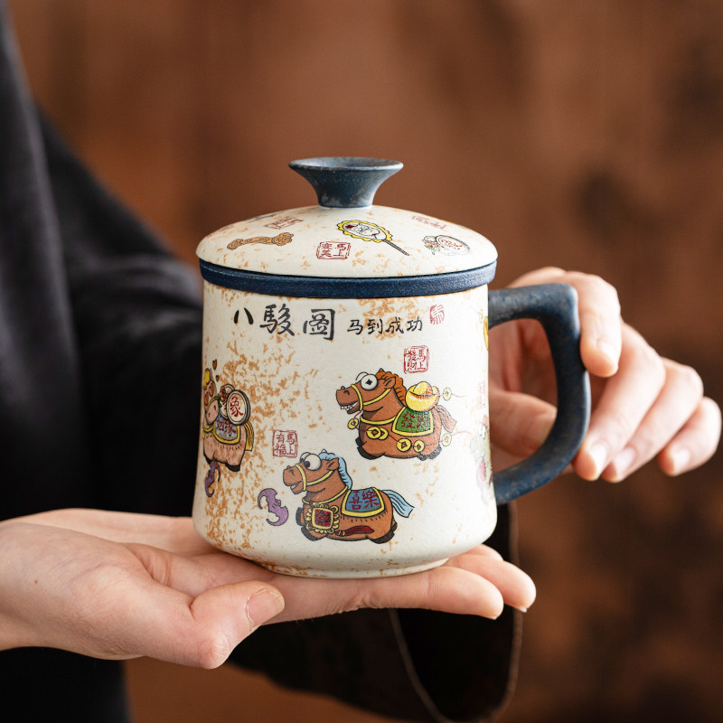 青花火石红茶杯个人专用办公室茶水分离泡茶杯带盖陶瓷杯子水杯