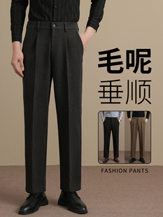 2025新款秋冬季毛呢裤男士宽松直筒休闲裤保暖加绒厚款垂感西装裤