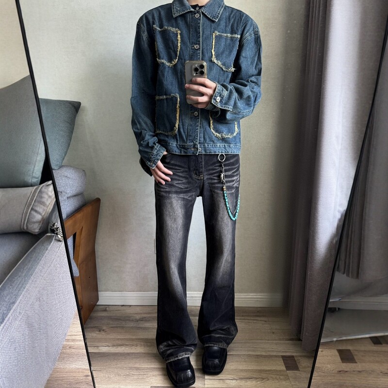 黑色水波纹破坏微喇牛仔裤