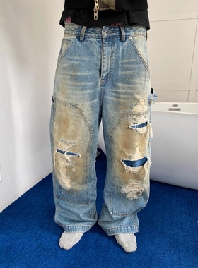 Without Me/VULCAN 双膝破坏泥染牛仔裤水洗破坏蓝牛宽松直筒裤子