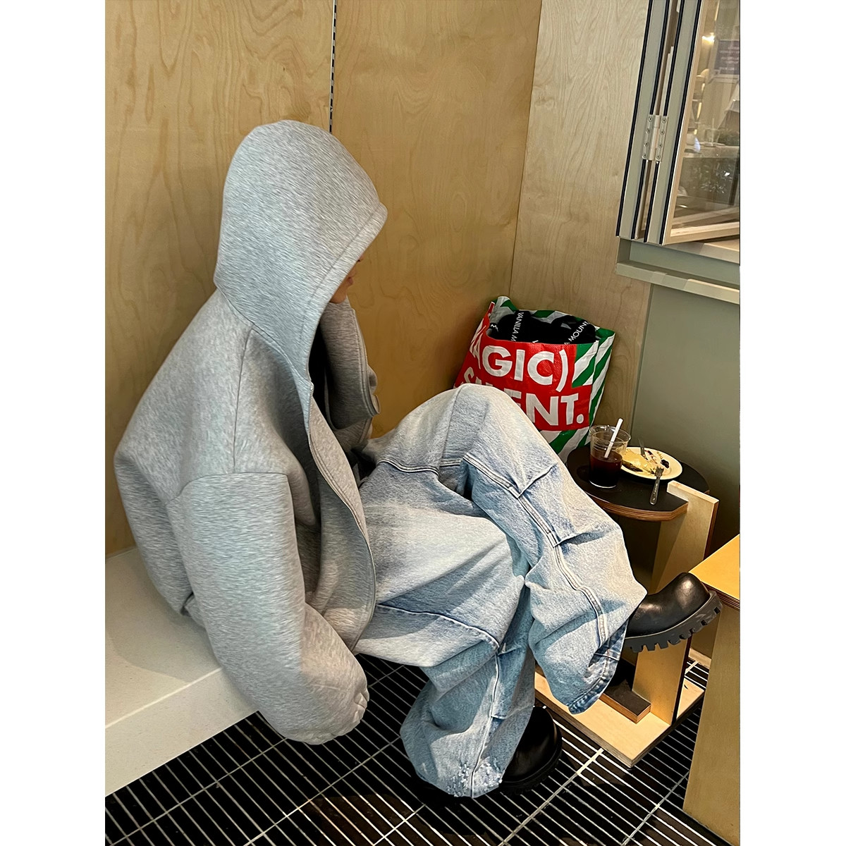 Without Me/Huit空气层廓形休闲灰色双拉链连帽卫衣百搭慵懒外套