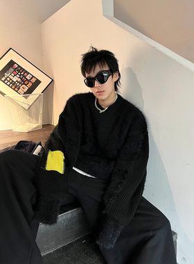 Without Me/Huit黑色仿貂毛软糯拼接撞色慵懒风宽松针织圆领毛衣