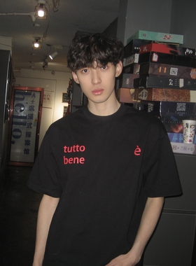 Without Me/ISANPARO Slogan 280g 黑色一切都好小领口纯棉短袖