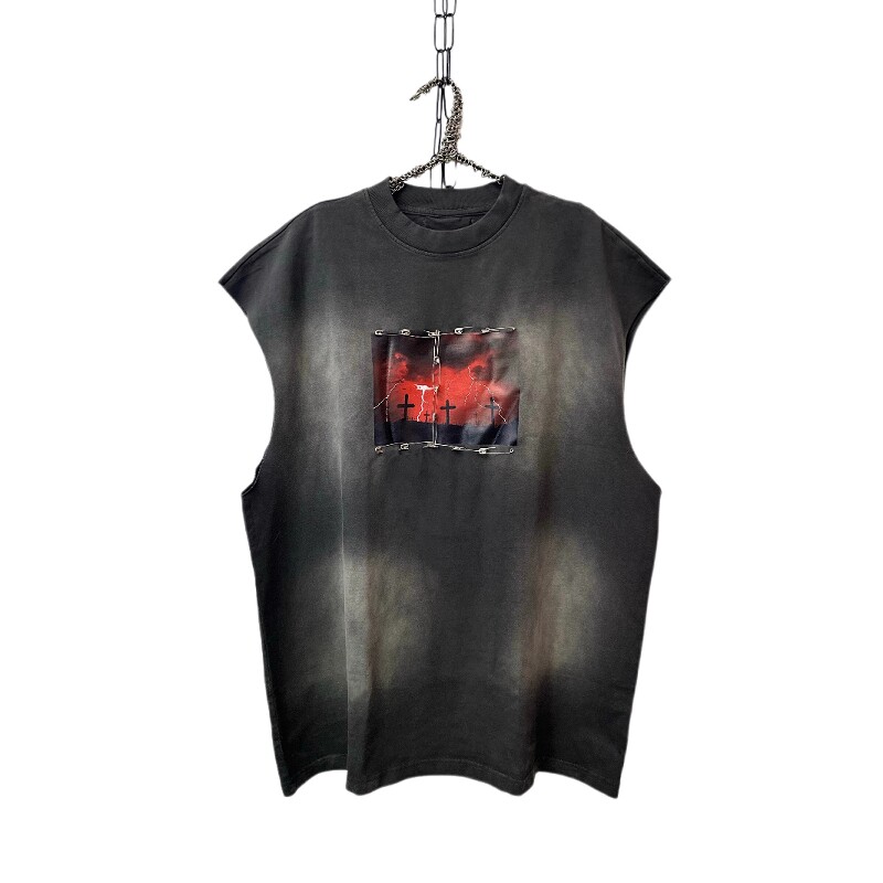 Without Me/sharkcolor哥特视觉手工水洗磨毛背心散边渐变坎肩T恤