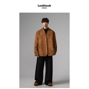 老钱风高级感麂皮绒宽松复古无扣无领西装 INSOMNIA Without