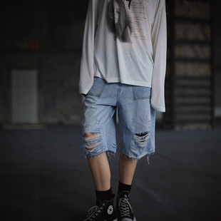 Without Me/RecoverZone 美式高街破洞做旧牛仔宽松痞帅七分裤子