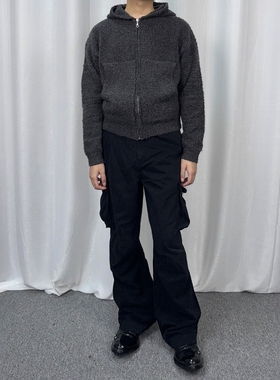 Without Me/CCY 圈圈纱灰色拉链开衫宽松短款针织毛衣外套帽衫