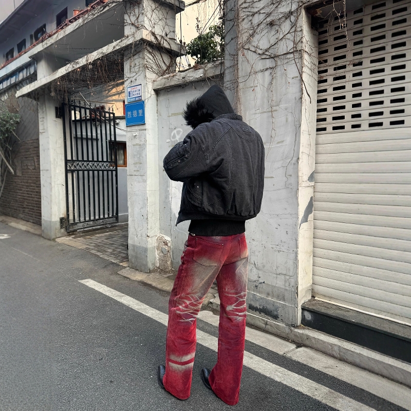 牛仔裤喷绘渐变复古水洗绒面